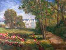 W.H.Unger original-Gemälde-Blumengarten am See mit Segelbooten im Sommer