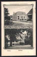 AK Petkus, Colonialwarenhandlung Bernhard Hanack, Schloss mit Anlagen 1912 
