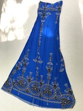 Trägerloses Abendkleid blau indisches Muster made in UK Gr. 12 M Kleid Vintage