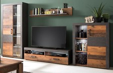 Wohnwand Used Wood grau 4-tlg mit Beleuchtung Wohnzimmer Schrankwand 340 cm Indy