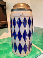 Bierkrug Masskrug um 1900 - Bayrisches Rautenmuster Steinzeug Zinndeckel Passau