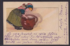 Ansichtskarte Bahnpost Künstlerkarte Mädchen Wassertrog Prägekarte nach