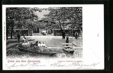 Ansichtskarte Leipe, Ruderboote auf See vor Gasthaus Buchan im Spreewald 1902 