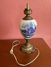 Große Alte Tischlampe Keramik Messing Glas Weiß Blau Holland Windmühlen Motiv