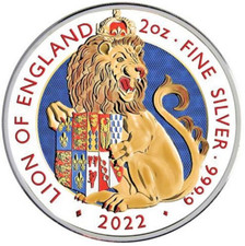 Silver Coin – 2022, LION OF ENGLAND Royal Tudor Beasts in Color, 2 Oz Silver