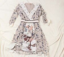 Ecru Taupe Cream Chiffon Blumen Kleid Dress Blau M 38  L P79