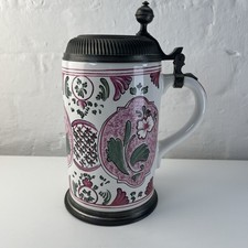 Gerzit Gerz Bierkrug mit Zinndeckel und Zinn-Standring Walzenkrug Blumen