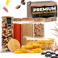 CLIDOR Vorratsgläser 5er Set  Vorratsdose Glas mit Bambusdeckel rund Gläser 