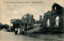 AK GRUSS AUS OSTPREUSSEN BUDDERN ANGERBURG GUMBINNEN ZERSTÖRTES GATHAUS UM 1915