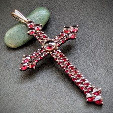 Kreuz Anhänger Silber vergoldet Granat alte Silberschmiedearbeit Tracht S