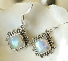 Ohrhänger 3 cm 925er Silber Mondstein Eckig Verspielt Vintage Design Kugelmuster