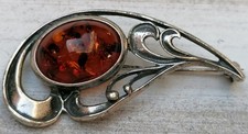 Vintage 925 Silber Brosche Anstecknadel mit Bernstein Cabouchon TOP Zustand !