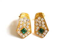 Vintage Ohrclips Strasssteine Grün Klar Krawatte Form 9,8 g/2,4 x 1,4 cm