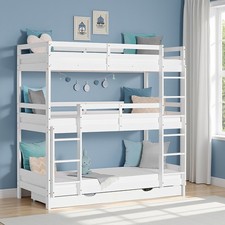 Kinderbett Etagenbett 90x200 cm Dreifach mit Bettkasten Holz Weiß Homestyle4u