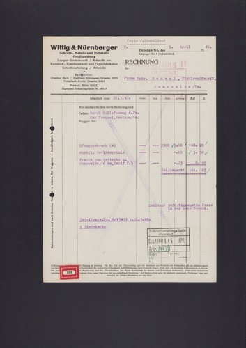 Dresden rechnung 1940 - dresden,, wittig