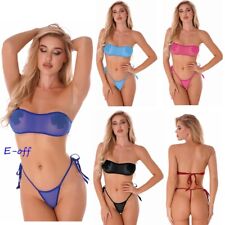 Damen Mini Bikini Dessous Set Bandeau BH Top String Tanga Durchsichtig Bademode