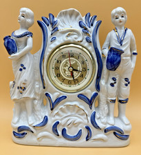 Porzellan Kaminuhr Figuren Blau Weiß Gold 21x24cm Quarz Vintage Clock Deko