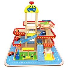 Parkgarage Kinder Holz mit Aufzug, Waschanlage, Helikopter Holzspielzeug ab 3 J.