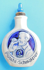 Steingut Schnupftabakflasche Pöschl Schmalzler, Landshut Bayern, mit Korken