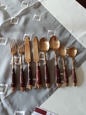 Vintage 8 teiliges Tafelbesteck f. 2 Personen Bronze/Rosenholzgriff