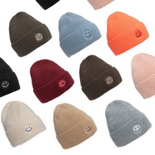 Damen Herren Wintermütze Strickmütze Beanie Mütze mit Smiley Motiv gerippt warm