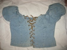 VINTAGE Corsagen Top Jeans Western Landhaus Schnürung hellblau BIG LIFE 34 36