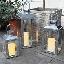 3er Deko Laternen Set Silber Gartenlaterne Windlicht Metall Außen H24/33/41cm