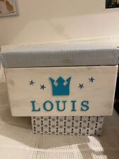 ♛Spielzeugkiste Aufbewahrung Truhe mit Name Louis-handmade♛weiß blau♛NP € 96