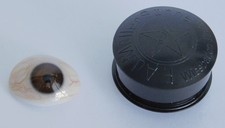 Altes Glasauge Augenprothese braun Optiker + Dose F. Ad. Müller Wiesbaden #d