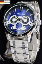 Elite Herren Edelstahl Armband Uhr Chronograph Silber Blau Farben Datum