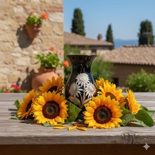 ? Handbemalte Keramikvase 30cm schwarz weiß Retro Blumen Deko Vintage Stil ?