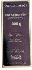 NEUERSCHEINUNG!!! 999 Kupferbarren 1 Kg Feinkupfer mit Zertifikat *AnlageGold24*