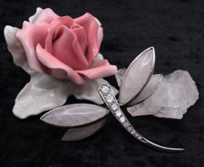 Vintage Brosche, Anstecknadel in Form einer Libelle mit Rosenquarz