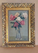 Vintage Öl Gemälde mit Rahmen Rosenstrauß signiert .