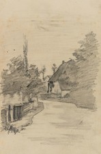 F. KELLER (1842-1922), Dorfstraße am Reetdachhaus, Bleistift Romantik Architektu