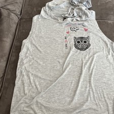 Blind Date Shirt Gr. M grau Mit Kapuze, Ohne Ärmel, Aufdruck: Eule, Herzen