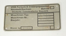 DDR Typenschild VEB Fortschritt Erntebergungsmaschinen Neustadt E175 Mähdrescher