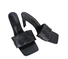 Schwarze hochhackige Pantoletten gewebte Riemen eckige Zehenpartie exklusiv Rae schwarze Sandalen UK 5