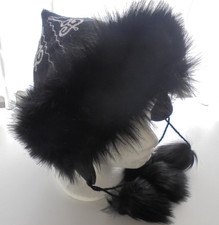 Mongolische Mütze Winter Kunstfell Wollfilz bestickt schwarz Größe M/ 58
