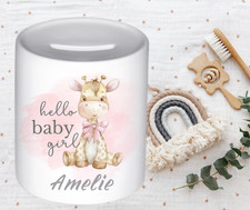 Spardose Giraffe – Hello Baby Girl mit Name, Geschenk Geburt