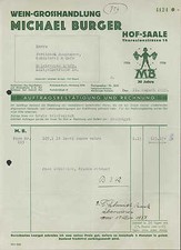 HOF-SAALE, Rechnung 1937, Wein-Grosshandlung Michael Burger