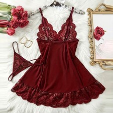 Sexy Damen Nachthemd Dessous Set mit Spitze & Tanga – in 7 Farben erhältlich