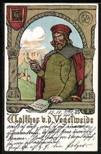 Künstler-AK Walther von der Vogelweide mit Federkiel, Wappen 1907 