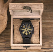 Wikinger Vegvisir Armbanduhr - Runen Holz Uhr Holzuhr - schwarz