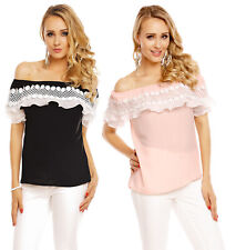 Damen Bluse Schulterfrei Top Kurzarm Shirt Hemd Spitze Oberteil Carmen 5608