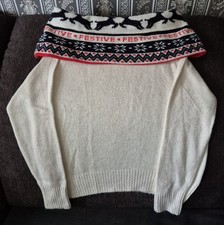 H&M Damen Pullover Wollpullover Carmenpullover Weiß gemustert Größe XS *Top*