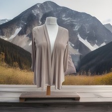 S SMALL 10 12 NINA LEONARD lange CAMEL Slinky Staubtuch Strickjacke beige 3/4 Ärmel