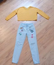 DIVIDED H&M Jeans Hose USED LOOK Gr 36+PRIMARK Sweatshirt CROPPED 34/36 senfgelb