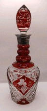 Rote Vintage Kristall Karaffe mit Sterlingsilber Montur 1960 Weinlaub Dekor 1L 