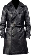 Herren schwarz Leder 100 % echtes Lammleder Vintage Trenchcoat stilvolle Wint...
